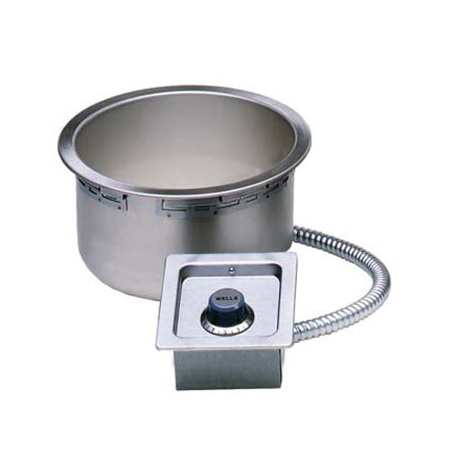A Wells stainless steel round drop-in soup well with a drain.