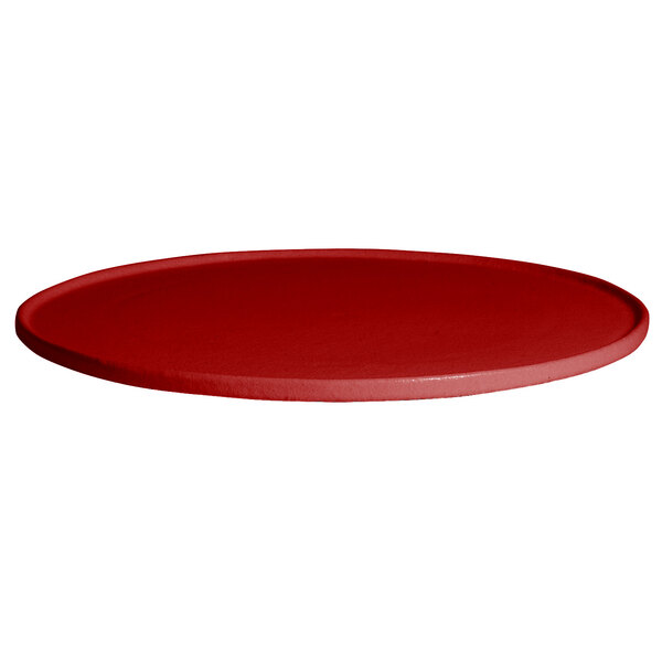 A G.E.T. Enterprises Bugambilia fire red resin-coated aluminum disc with rim on a table with a red surface.