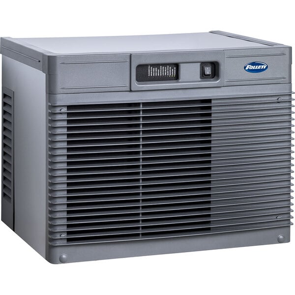 A grey rectangular Follett air cooled ice machine with a vent.