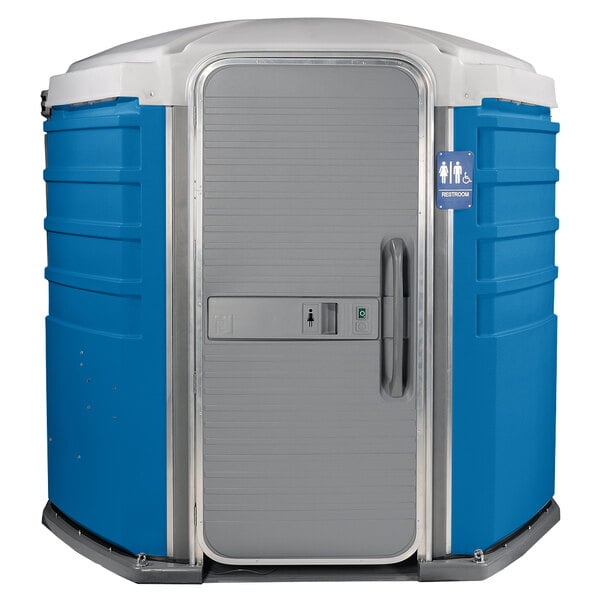 A blue and white PolyJohn wheelchair accessible portable toilet.