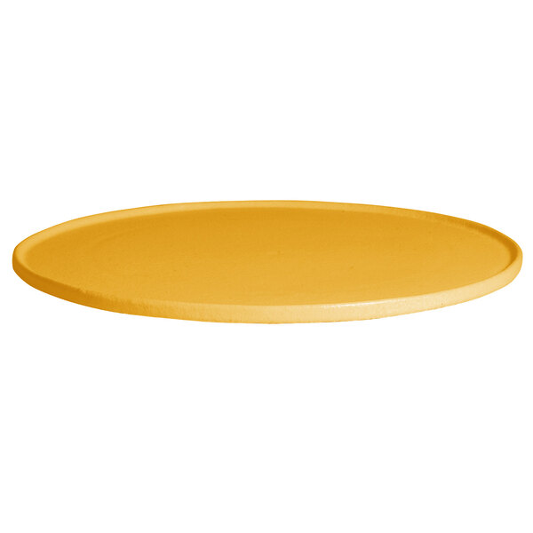 A yellow resin-coated aluminum small round disc with rim on a white background.