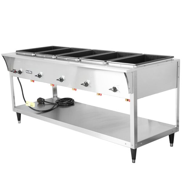 A silver commercial Vollrath ServeWell SL electric hot food table with five pans.
