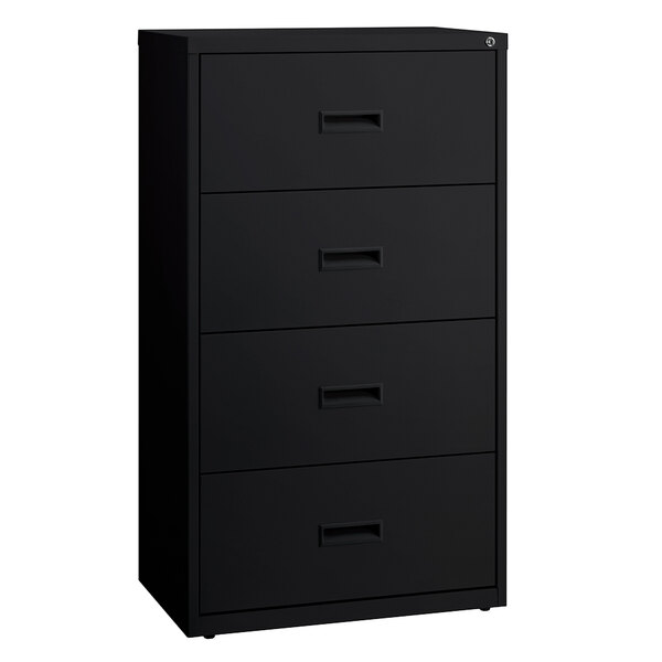 A black file cabinet with four drawers.
