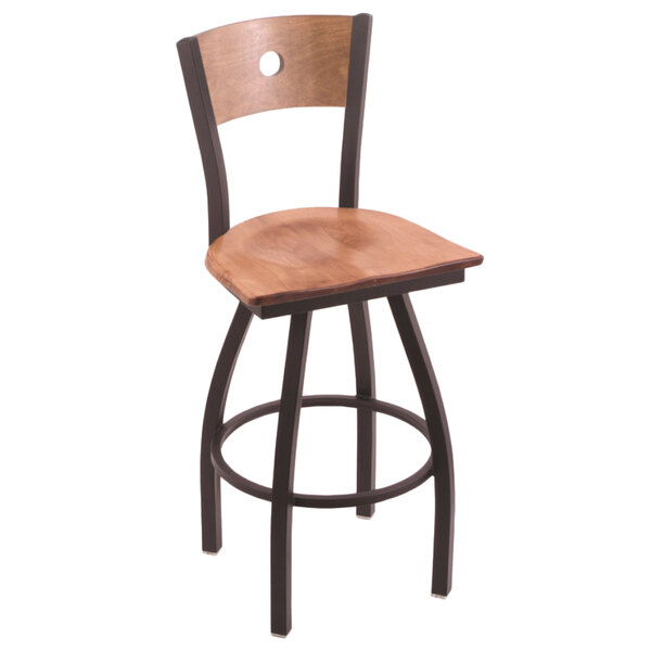 A Holland Bar Stool black wrinkle steel barstool with medium maple seat and back.