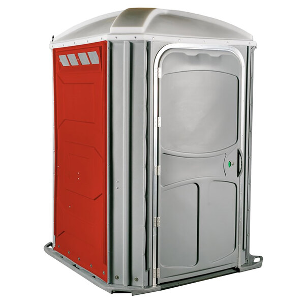 A red and grey PolyJohn wheelchair accessible portable toilet with a door.