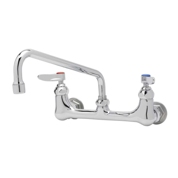A T&S chrome wall mount faucet with lever handles and a 10" swing spout.