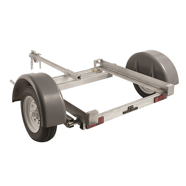 A PolyJohn portable restroom trailer with wheels and a metal frame.