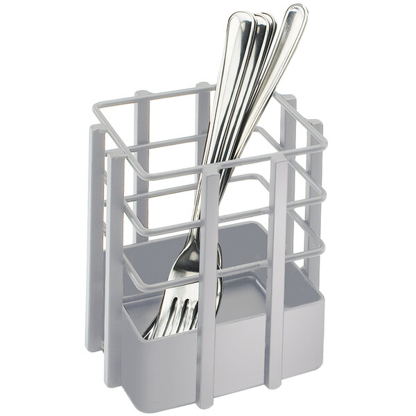 A Cal-Mil silver metal square flatware organizer with a fork and spoon inside.