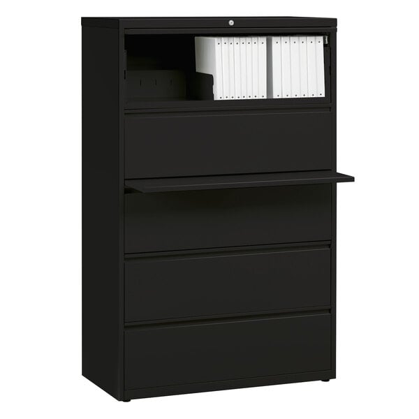 A black Hirsh Industries lateral file cabinet with three drawers.