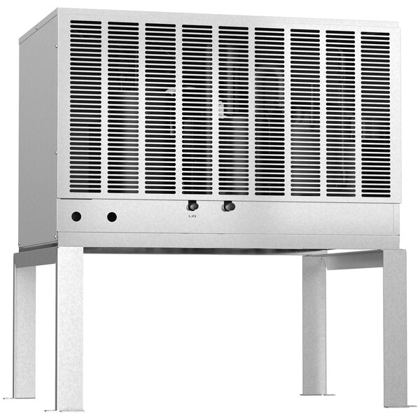 A white rectangular Hoshizaki air cooled remote ice machine condenser with a metal grid vent.