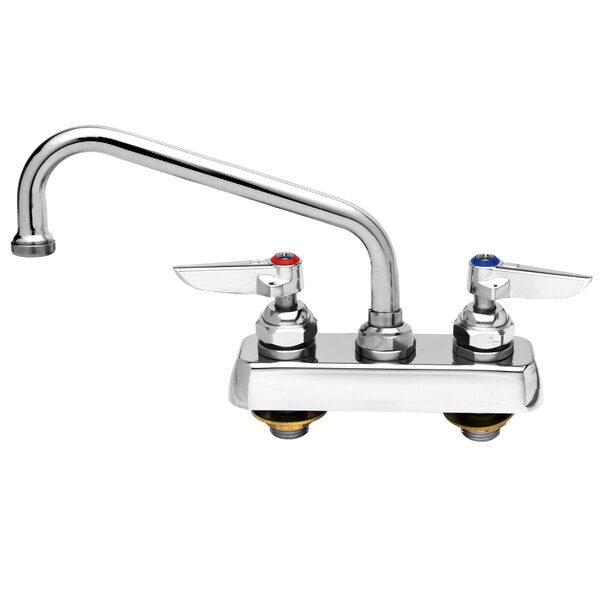A chrome T&S deck-mounted workboard faucet with red and blue knobs.