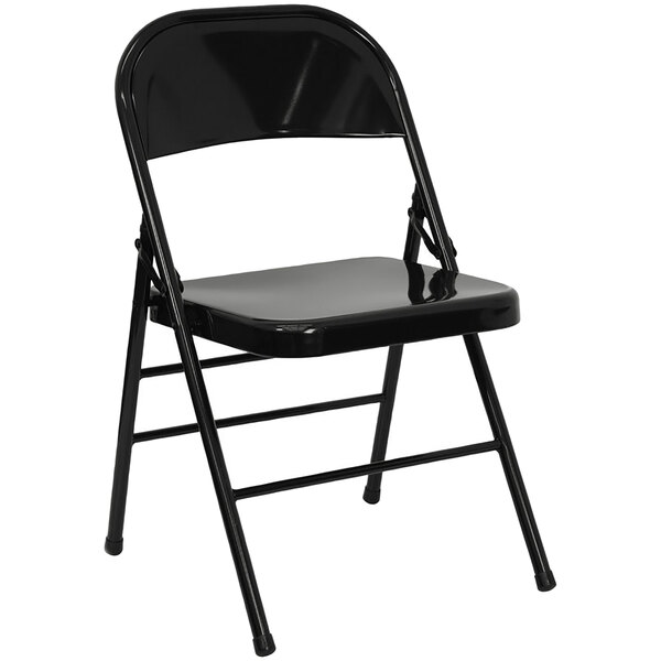 A black metal folding chair with a black seat and back.