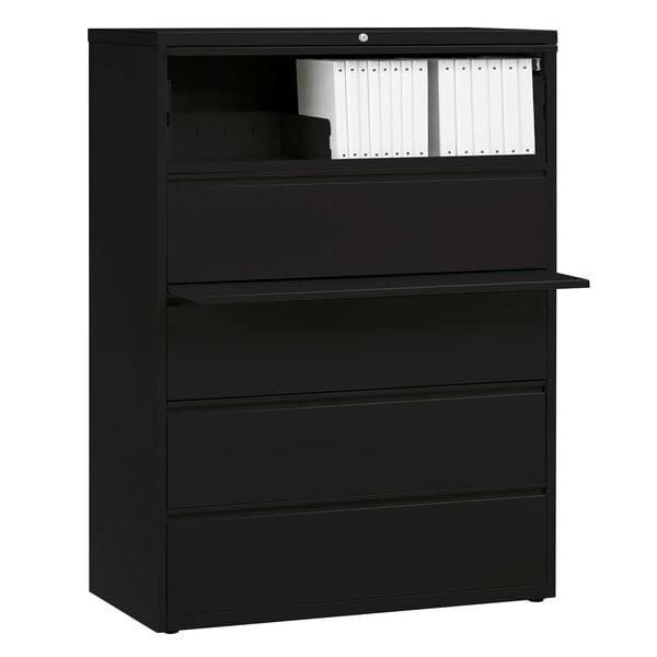 A black Hirsh Industries lateral file cabinet with five drawers.