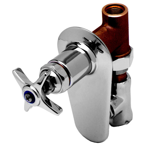 A T&S chrome plated concealed straight valve with a four arm handle.