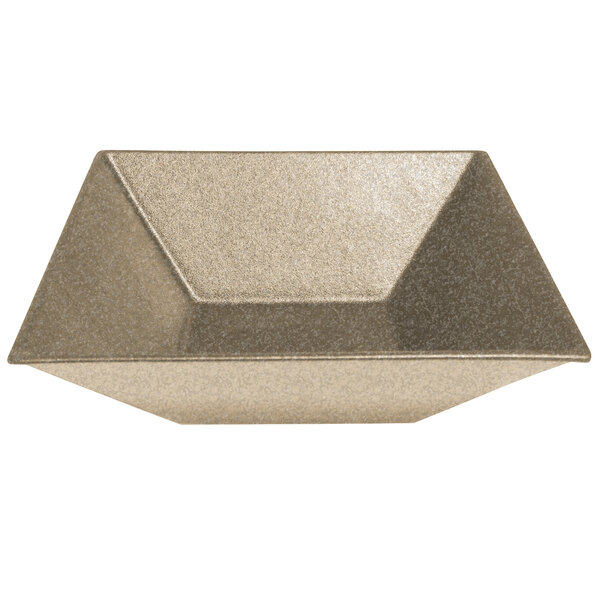 A silver rectangular metal bowl with a textured finish.