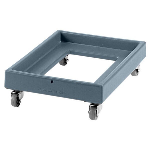 A grey square Cambro milk crate dolly with wheels.