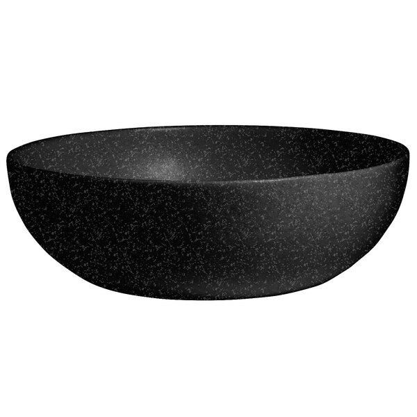 A black G.E.T. Enterprises Bugambilia bowl with a speckled surface.