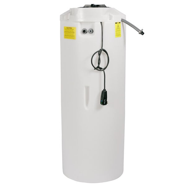 A white PolyJohn fresh water tank with a hose attached.