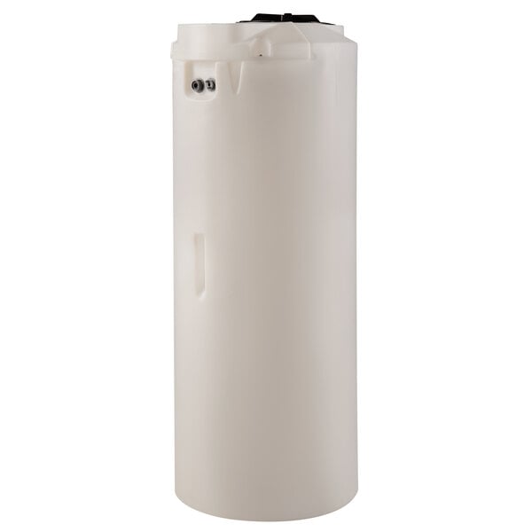 A white cylinder with a black lid, the PolyJohn Water Works extra tank.