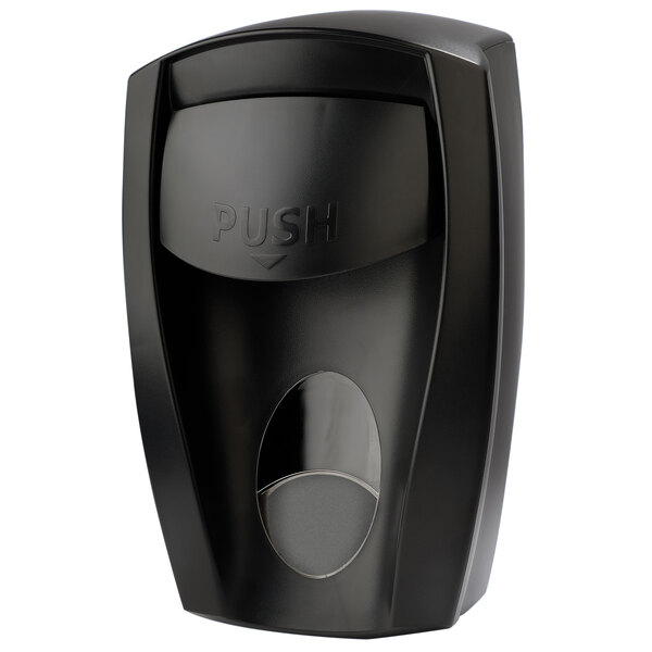 A black plastic PolyJohn wall mounted foaming hand soap and sanitizer dispenser with a push button.