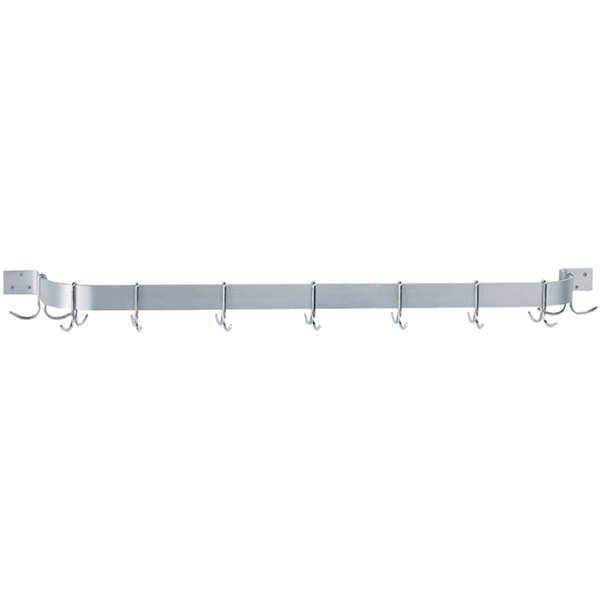 An Advance Tabco stainless steel wall mounted pot rack with hooks.