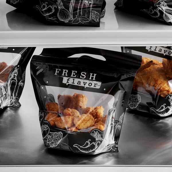 A group of 4 piece small black and white resealable bags of fried chicken.