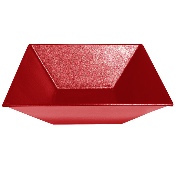 A red resin-coated aluminum square bowl with a textured finish.