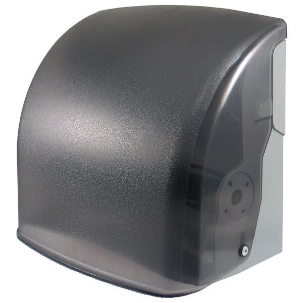 A black PolyJohn paper towel dispenser with a clear cover.