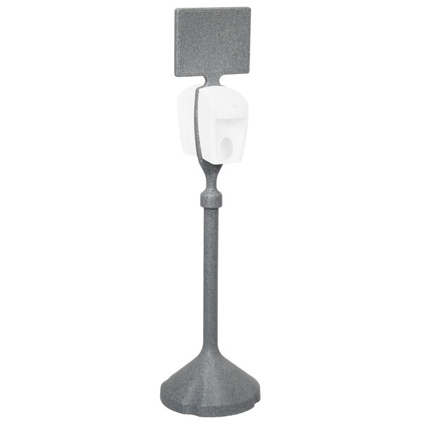 A grey plastic PolyJohn stand with white and grey plastic objects on it.