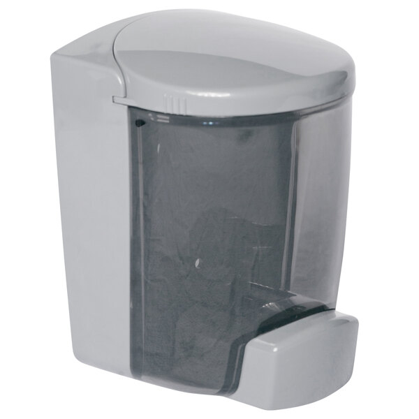 A grey PolyJohn liquid soap dispenser with a clear plastic lid.