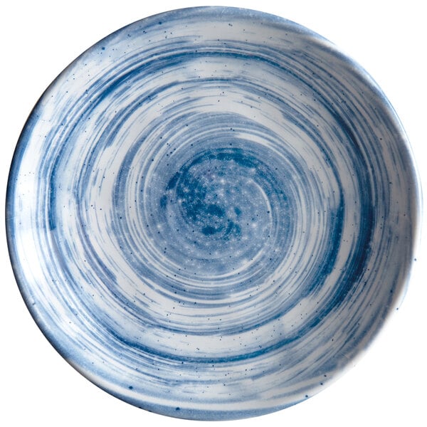 A blue and white Elite Global Solutions Van Gogh melamine plate with swirls.