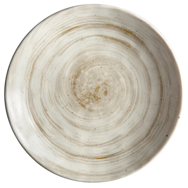 A white Elite Global Solutions round melamine plate with a brown spiral pattern.