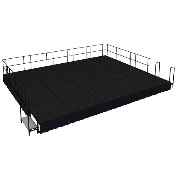 A black National Public Seating portable stage with metal railings.