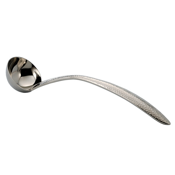 A Bon Chef stainless steel ladle with a curved handle.