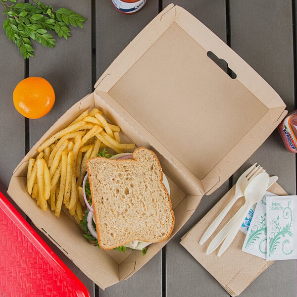 A sandwich and fries in a Bagcraft Eco-Flute take-out box.