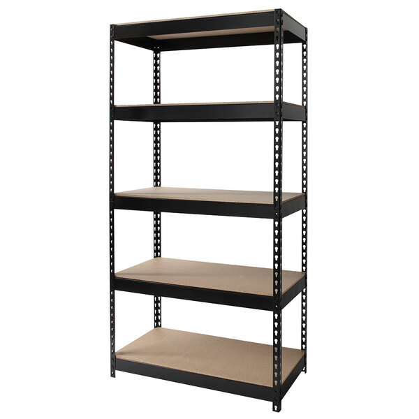 A black metal Hirsh Industries boltless shelving unit with particleboard decking.