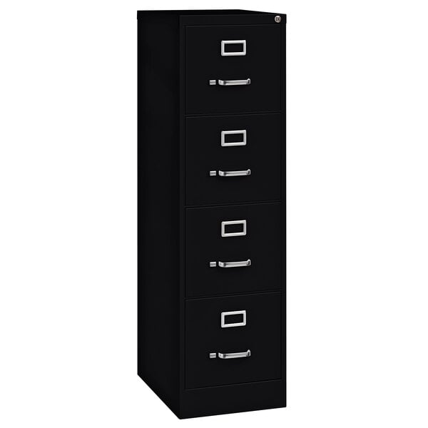 A black Hirsh Industries four-drawer vertical letter file cabinet with silver handles.