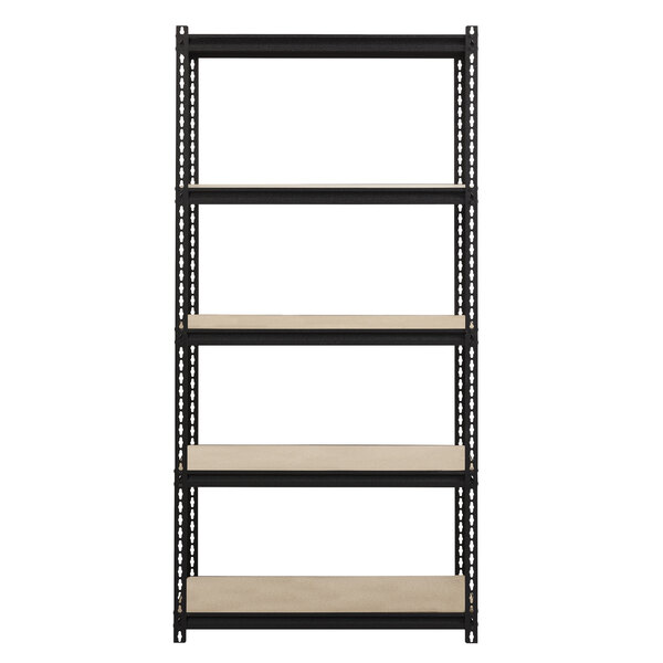 A black metal boltless shelving unit with particleboard shelves.