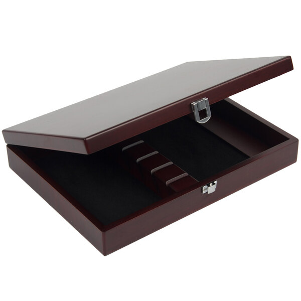 A wooden Bon Chef steak knife box with two compartments and a lid open.