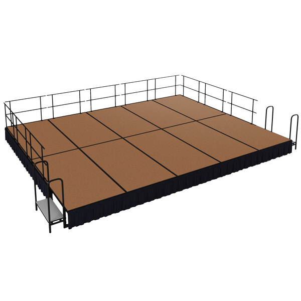 A National Public Seating portable stage with brown hardboard flooring and black skirting.