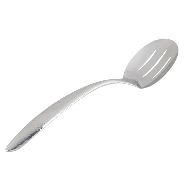 A Bon Chef stainless steel slotted serving spoon with a hammered handle.
