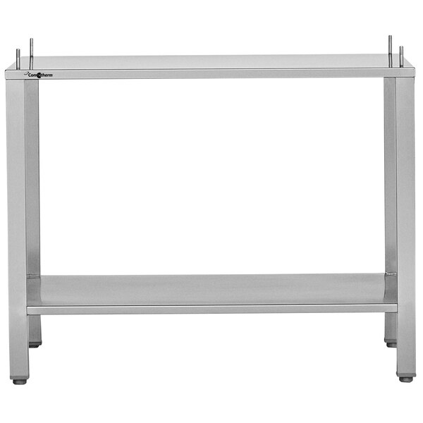 A silver metal Convotherm combi oven equipment stand with an open base and adjustable legs.
