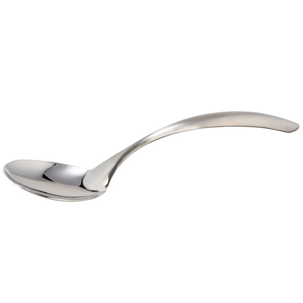 A Bon Chef stainless steel spoon with a curved silver handle.