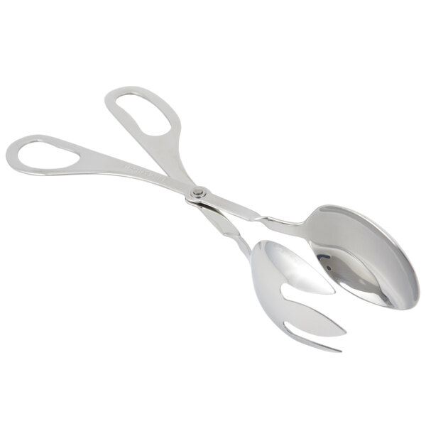 Bon Chef stainless steel scissor salad tongs with spoon and fork ends.