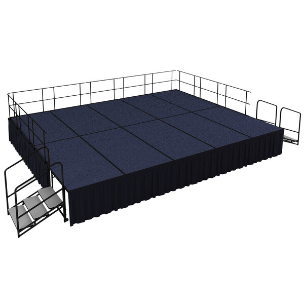 A blue stage with black skirting and metal railings.