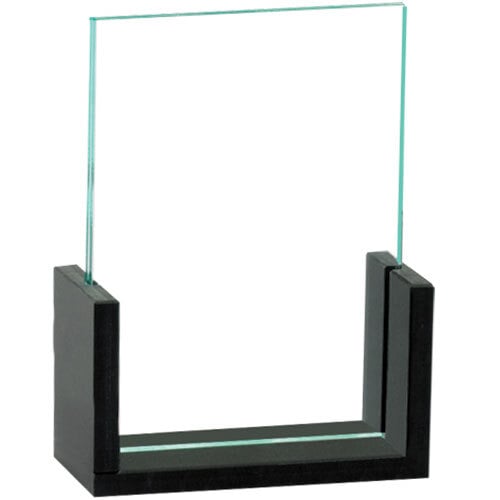 A close-up of a black rectangular Cal-Mil displayette with glass.