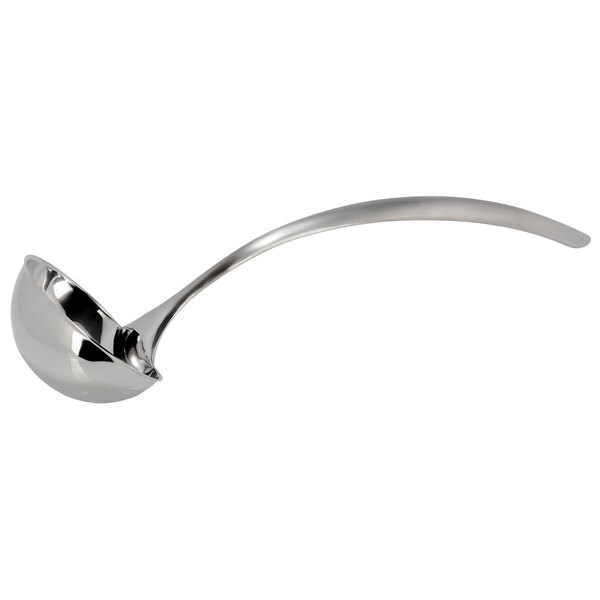 A Bon Chef stainless steel ladle with a curved handle.