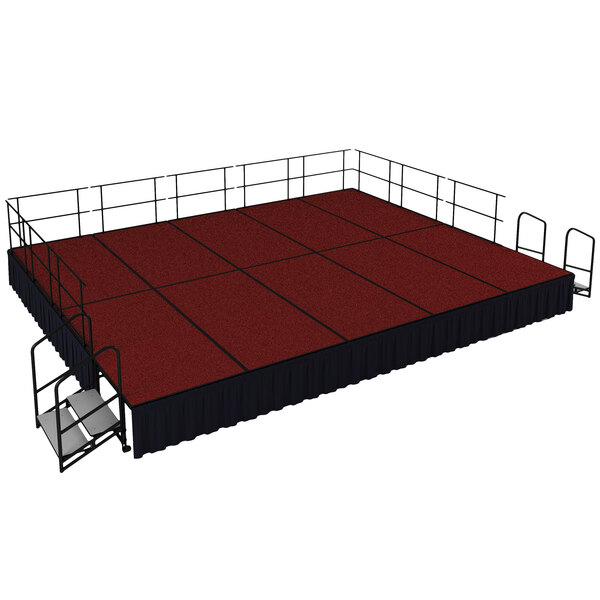 A red National Public Seating portable stage with black skirting.