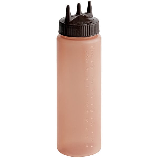 A brown plastic Vollrath Tri Tip squeeze bottle with a black cap.