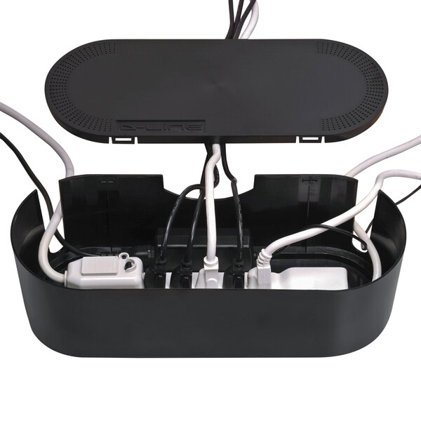 A black rectangular D-Line large cable tidy unit with cords inside.